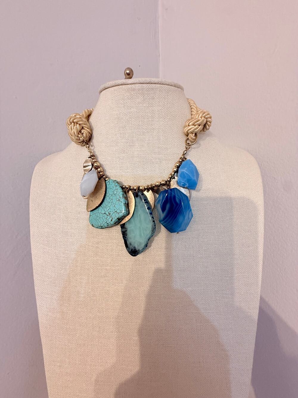 Vintage Blue Agate & Faux Turquoise Statement Necklace 14”